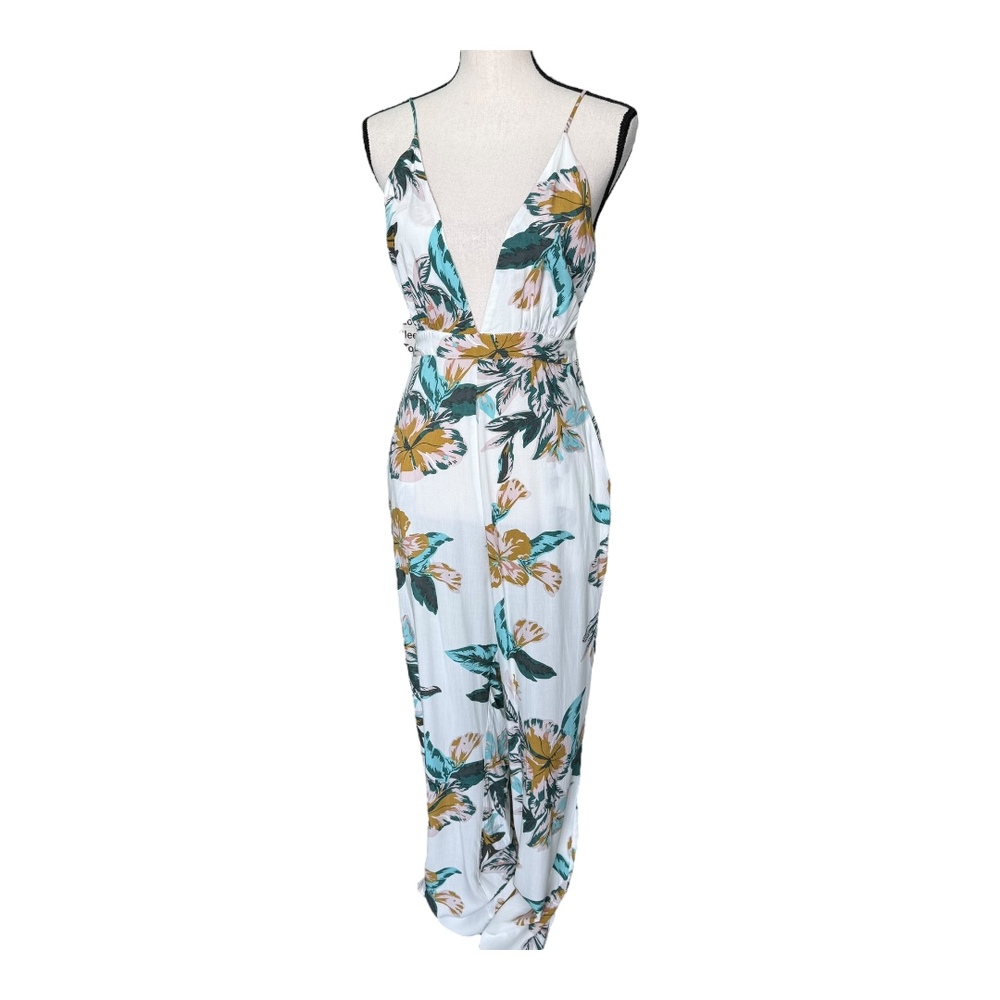 Le Salty Label White Eden Floral Wide Leg Backless Plunge Jumpsuit Womens Medium